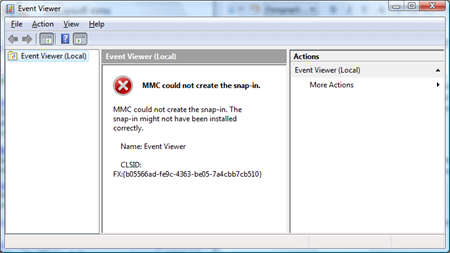 MMC could not create the snap-in. The snap-in might not have been installed correctly. Name: Event Viewer.