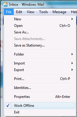 Work Offline menu in Windows Mail